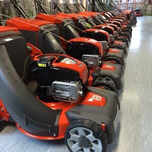 Lawn mowers lined up at retailer