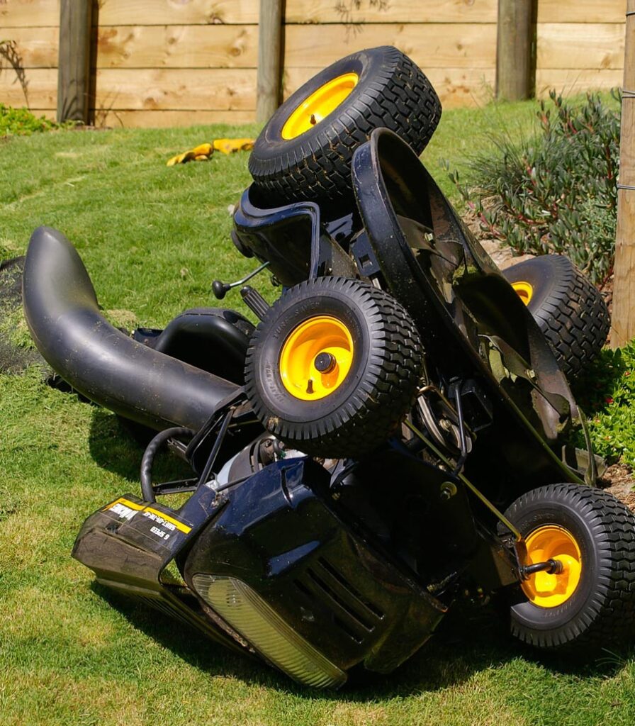 Riding mower that has fallen over